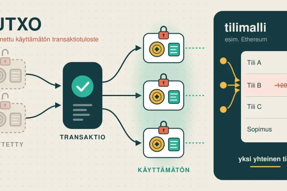 Kaavio, jossa vasemmalla eUTXO-mallin transaktio käyttää kaksi lukoista avattua tulostetta ja luo kolme uutta lukittua, datumilla varustettua käyttämätöntä tulostetta, ja oikealla Ethereumin tilimallin yhteinen tilikirja, jossa usea käyttäjä muuttaa samaa saldoa.