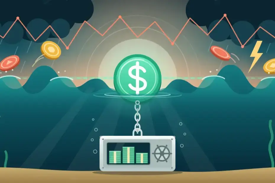 Kuvitus, jossa vihreä dollarimerkillä varustettu stablecoin kelluu vakaana keskellä myrskyistä merta ketjulla kiinnitettynä merenpohjan setelipinoja täynnä olevaan kassaholviin, kun taas muut kolikot heittelehtivät aalloilla salamoiden ja sahaavan kurssiviivan alla.
