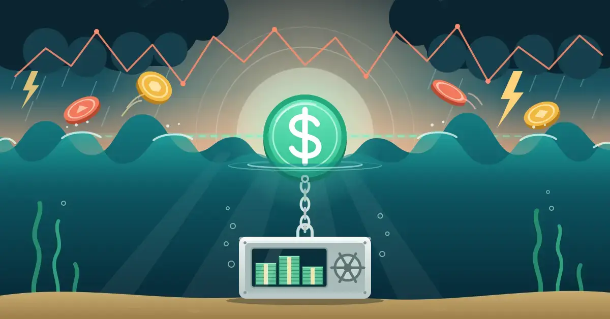 Kuvitus, jossa vihreä dollarimerkillä varustettu stablecoin kelluu vakaana keskellä myrskyistä merta ketjulla kiinnitettynä merenpohjan setelipinoja täynnä olevaan kassaholviin, kun taas muut kolikot heittelehtivät aalloilla salamoiden ja sahaavan kurssiviivan alla.